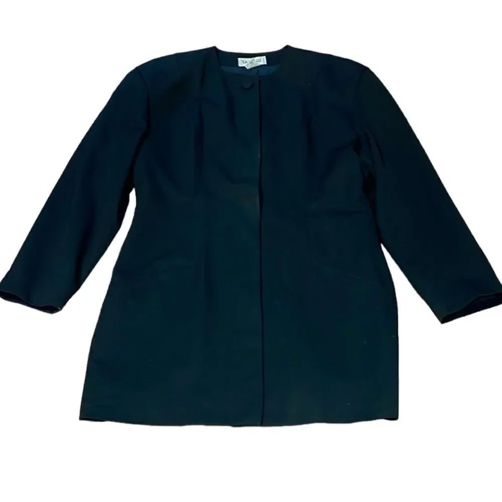 Vintage Tahari Wool Dress Jacket Coat Black, Quiet Luxury, long blazer, 12